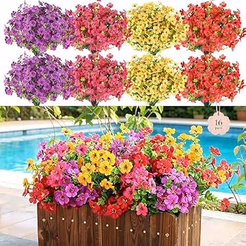 Playieer Artificial Flowers for Outdoors, 16 Bundles UV Resistant Realistic Faux Silk Flowers, Fake Plants for Outside Planter Front Porch Patio Balcony Window Box Garden Yard Farmhouse