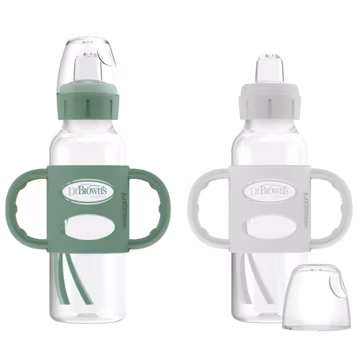 Dr. Brown's Milestones Narrow Sippy Spout Bottle with 100% Silicone Handles, Easy-Grip Handles with Soft Sippy Spout, 8oz/250mL, Green & Gray, 2-Pack, 6m+