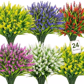 Bassion 24 Bundles Artificial Flowers for Outdoors Fake Lavender, Mixed