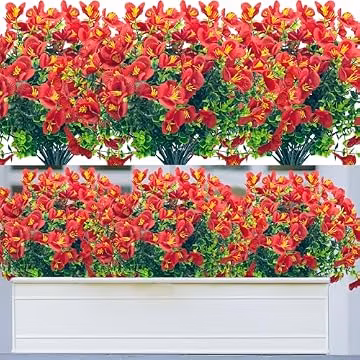 DRT DERUITAI 8 Bundles Artificial Fake Flowers Outdoor,UV Resistant Outside Faux Plastic Flowers Shrubs for Outdoors Patio Garden Porch Décor(Red)