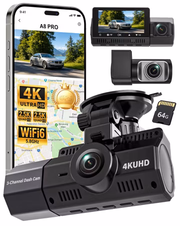 Eivikga 3 Channel Dash Cam Front and Rear Inside-4K+2.5K+2.5K, 4K Dash Cam, Free 64GB Card, WiFi Dashcam with GPS, G-Sensor,Loop Recording, HDR, 24H Parking Monitor, Car Dash Cam for Rideshare & Taxi