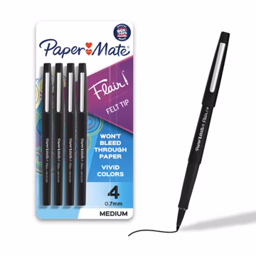 Paper Mate Flair Felt Tip Pens, Medium Point (0.7mm), Black, 4 Count