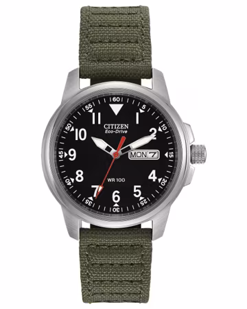 Citizen Men's Sport Casual Garrison 3-Hand Day/Date Eco-Drive Nylon Strap Watch, Arabic Markers, 100 Meters Water Resistant, Luminous Hands and Markers