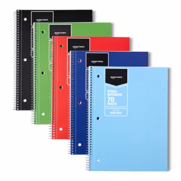 Amazon Basics Wide Ruled Spiral Notebook, For Work and School, 70 Sheets, 8" x 10.5", Assorted Solid Colors, 5 pack
