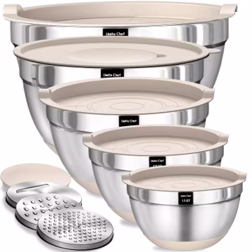 Umite Chef Mixing Bowls with Airtight Lids Set, 8PCS Stainless Steel Nesting Bowls with Grater Attachments, Non-Slip Bottoms, 5, 4, 3.5, 2, 1.5QT for Mixing & Serving
