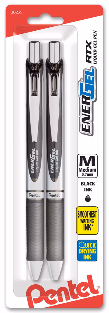 Pentel EnerGel RTX Retractable Liquid Gel Pen, (0.7mm), Medium Line, Metal Tip, Black Ink, Pack of 2 (BL77BP2A)