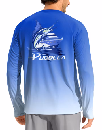 Men's Sun Protection Long Sleeve Shirts(Gradient Blue/Fish M