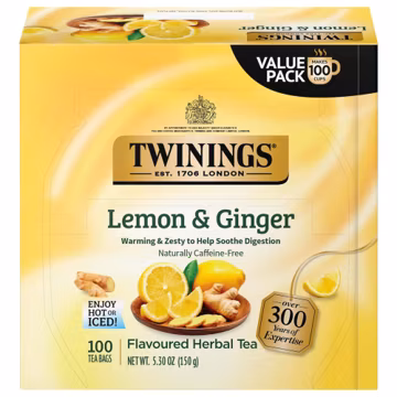 Twinings Lemon & Ginger, Caffeine-Free Herbal Tea Bags, 100 CT Box (1 Pack)
