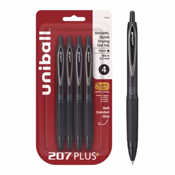uniball™ 207 Plus+ Gel Pens, Black Ink, 0.5mm Micro Point, 4 Count