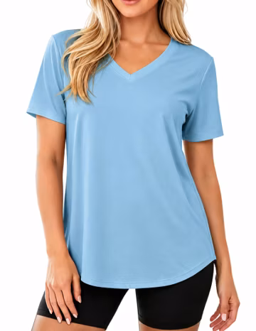 MAPICK Women's Short Sleeve Tee Casual Loose Fit V Neck Shirt Light Blue
