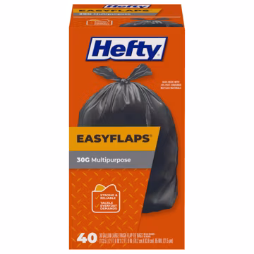 Hefty Easyflaps Multipurpose 30 Gallon Large Trash Bags, Black, 40ct