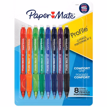 Paper Mate Profile Mech Mechanical Pencils, 0.7mm #2 Pencil Lead, Comfort Grip, Assorted Barrel Colors, 8 Count - Office Supplies