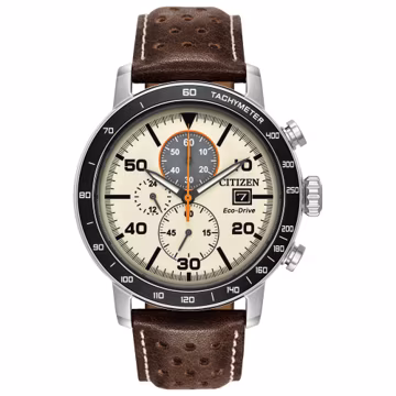 Citizen Men's Eco-Drive Weekender Brycen Chronograph Watch in Stainless Steel, Brown Leather Strap, Ivory Dial (Model: CA0649-06X)