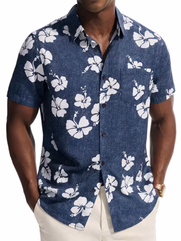 PJ PAUL JONES Mens Hawaiian Shirts Short Sleeve Button Down Shirt Casual Beach Vacation Tropical Shirt with Hibiscus Floral Print