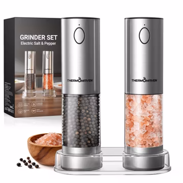 ThermoMaven Upgraded Larger Capacity Electric Salt and Pepper Grinder Set, 110ml Rechargeable Salt and Pepper Shaker with LED Light, Stainless Steel Automatic Pepper Mill with 6 Adjustable Coarseness