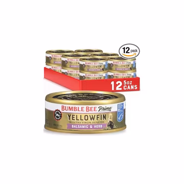 Bumble Bee Prime Balsamic & Herb Yellowfin Tuna in Extra Virgin Olive Oil, 5 oz Easy Open Cans (Pack of 12) - Wild Caught Ahi Tuna - 28g Protein - Non-GMO, MSC Certified Sustainable Seafood