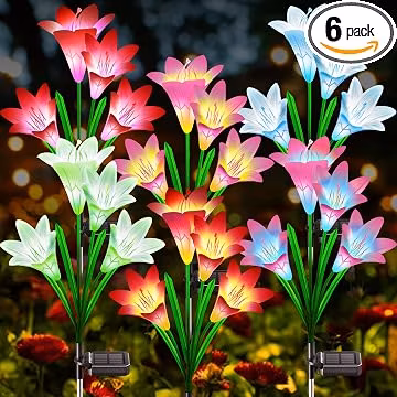 KuBace Solar Outdoor Lights Garden Decor, 6 Pack Upgraded Solar LED Flower Lights with 24 Bigger Lily Flower Lamp, 7 Color Changing Waterproof Solar Powered Flowers for Garden Yard Decor, Gift
