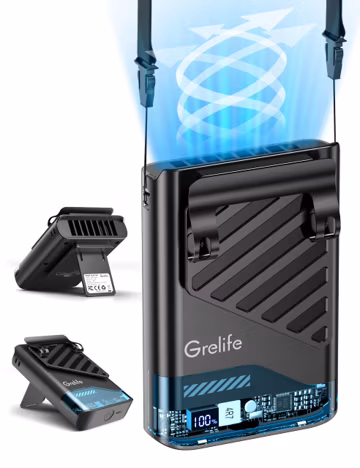 Grelife AI Portable Waist Fan Rechargeable,10000mAh LED Clip Fan,5 Speed 10000RPM 33ft/s Airflow,40H Runtime Hands-Free Neck Fan,Personal Wearable Cooling Fan for Outdoor,Camping,Jobsite,Travel(Black)