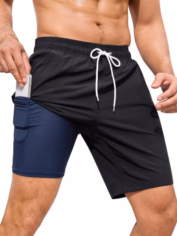 SILKWORLD Mens Swim Trunks with Comfort Liner 9" Quick Dry,Black,S