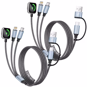 MPATIBY Travel Essentials, 3 in 2 UB A/USB C Cable for Watch Charger, Multi Phone Charging Cable/Cord for All Devices for iWatch Ultra/SE/10-1, Phone16 15 14, Android, iPads, More (2Packs 5FT)