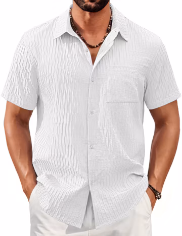 Cotrasen Linen Shirts for Men Button Down Short Sleeve Shirts White M