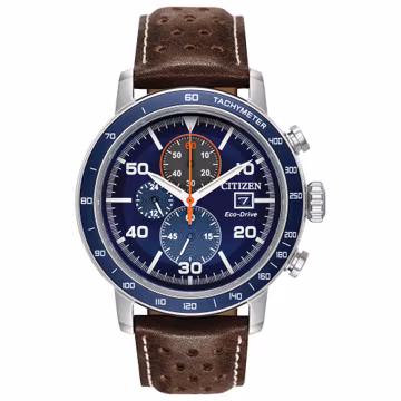 CITIZEN Men's Eco-Drive Weekender Brycen Chronograph Watch in Stainless Steel, Brown Leather Strap, Blue Dial (Model: CA0648-09L)