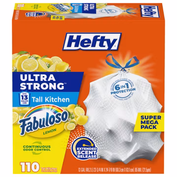 Hefty Ultra Strong 13 Gal Kitchen Trash Bags, White, Fabuloso Lemon, 110ct
