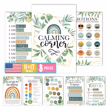 Hadley Designs 8 Calming Corner Posters for Classroom Must Haves -Calm Down Corner Supplies with Emotions Chart,School Counselor Mental Health Poster, Feelings Chart For Kids, Greenery Classroom Decor
