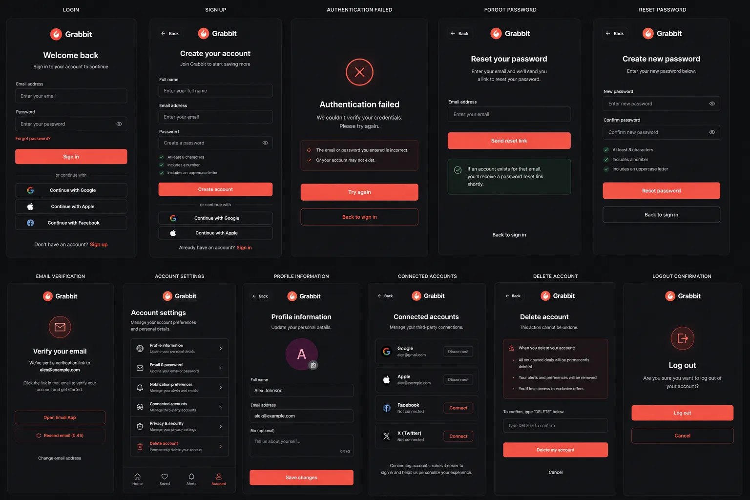 Grid of Grabbit account screens: login, sign up, password reset, email verification, account settings, profile and connected accounts.